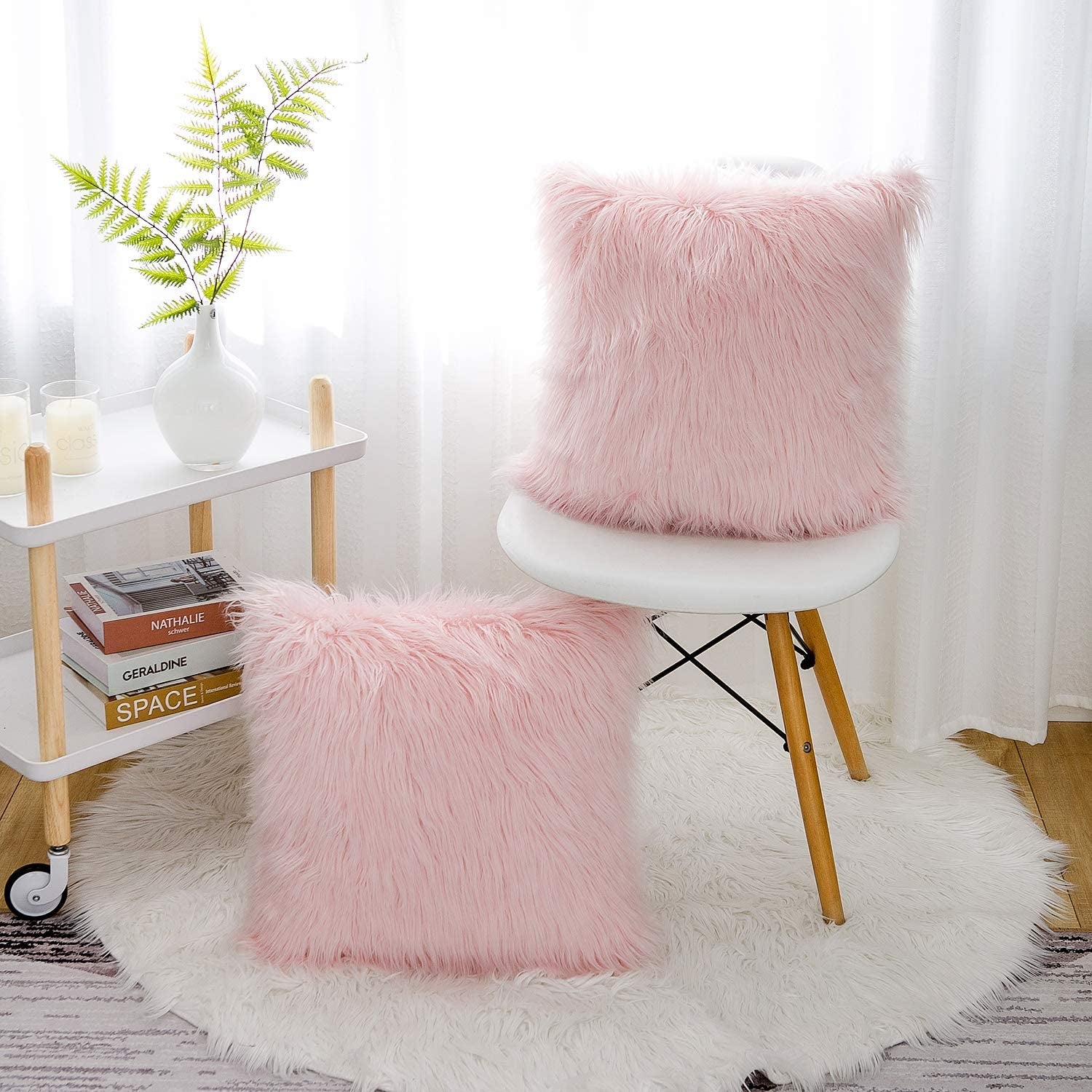 Set of 2 Pink Christmas Decorative Fluffy Pillow Covers New Luxury Series Merino Style Blush Faux Fur Throw Pillow Covers Fuzzy Cushion Case for Sofa Bedroom Living Room Home Decor 18X18 Inch
